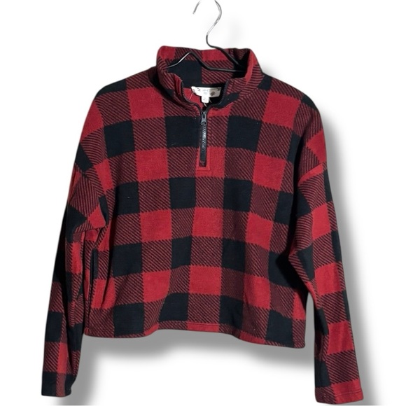 Hippie Rose Red/Black Flannel Checkered Quarter Zip Long Sleeve Cropped Fleece - Picture 10 of 15